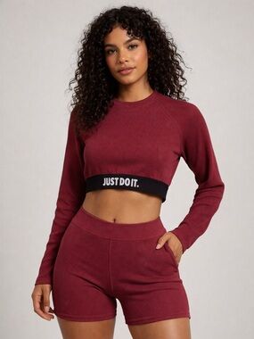 Nike JUST DO IT Ribbed Crop Top S Garnet Red Long Sleeve Athletic Bodycon Gym